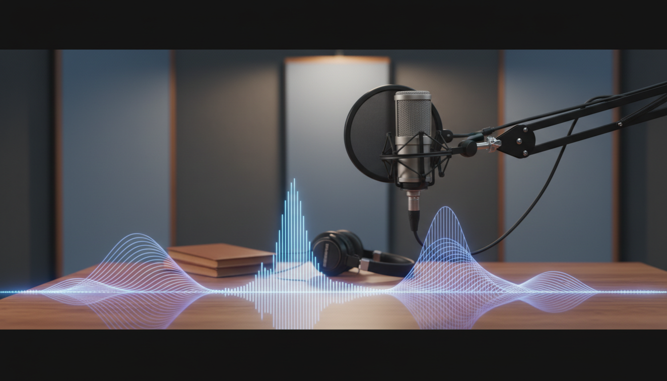 Mirovon vor einem Tisch mit Büchern Darauf. Im Vordergrund eine Soundwave